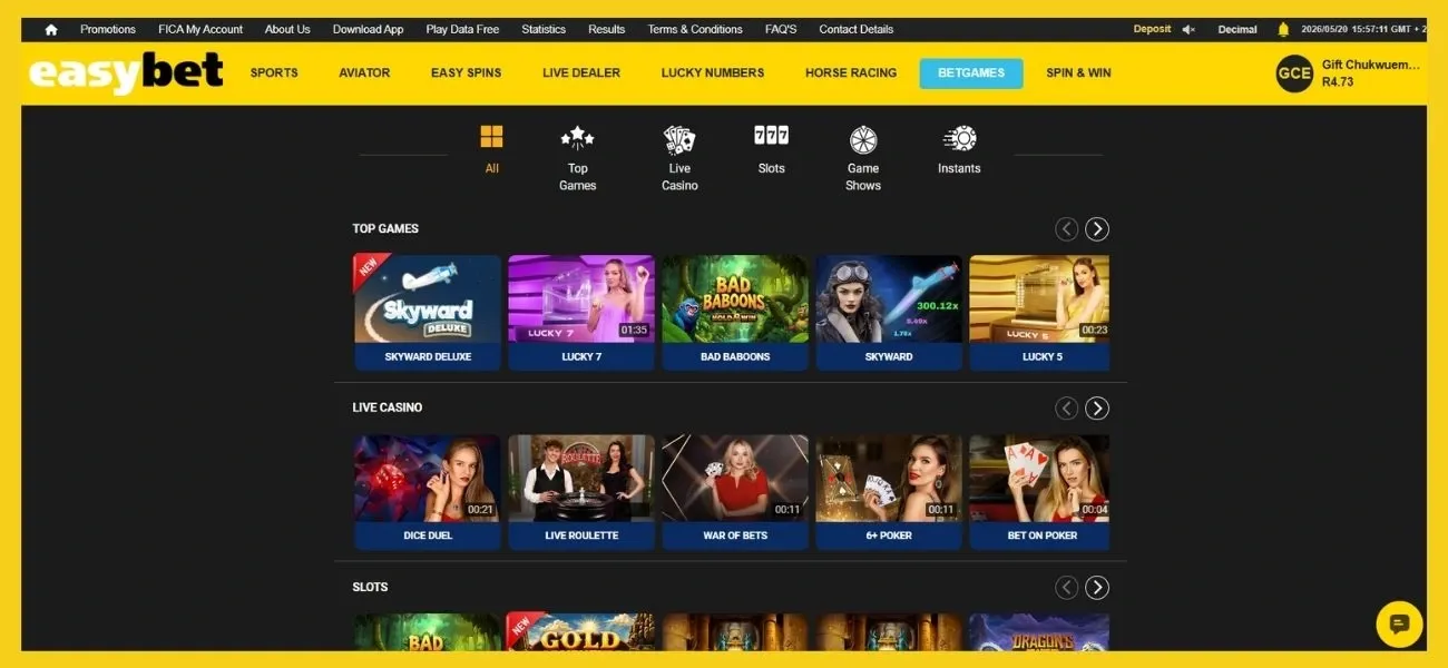 Easybet Betgames page on the desktop site.