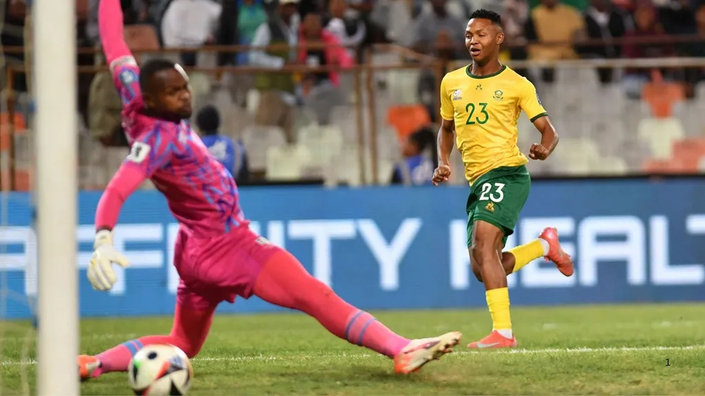 Mohau Nkota scores Bafana Bafanas opening goal againsy Lesotho.