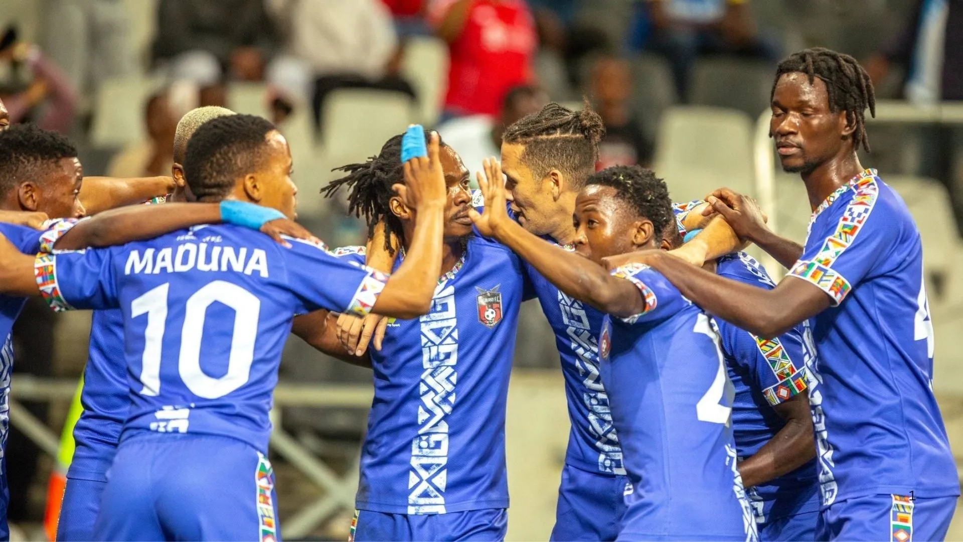 TS Galaxy players celebrate a goal against Mamelodi Sundowns.