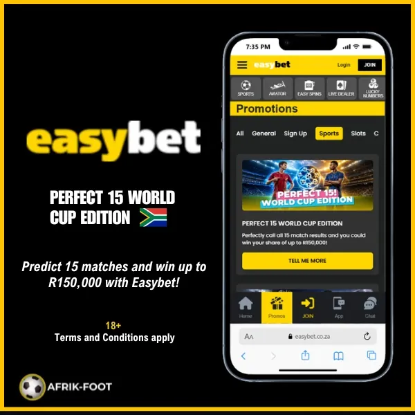 Easybet Perfect 15 World Cup edition promo banner.