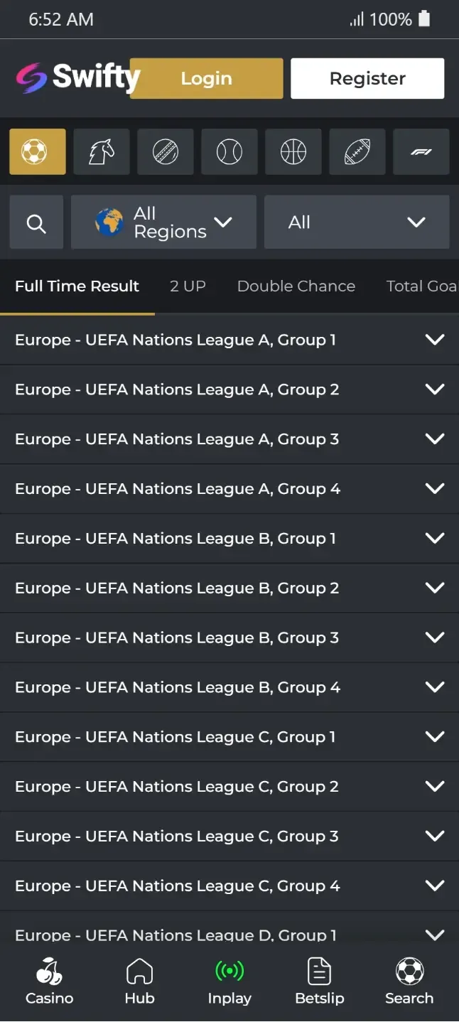 Swifty Sports Sports Page showing dropdowns for UEFA Nations League