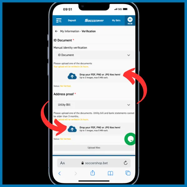 two red arrows pointing to document upload positions on the soccershop site