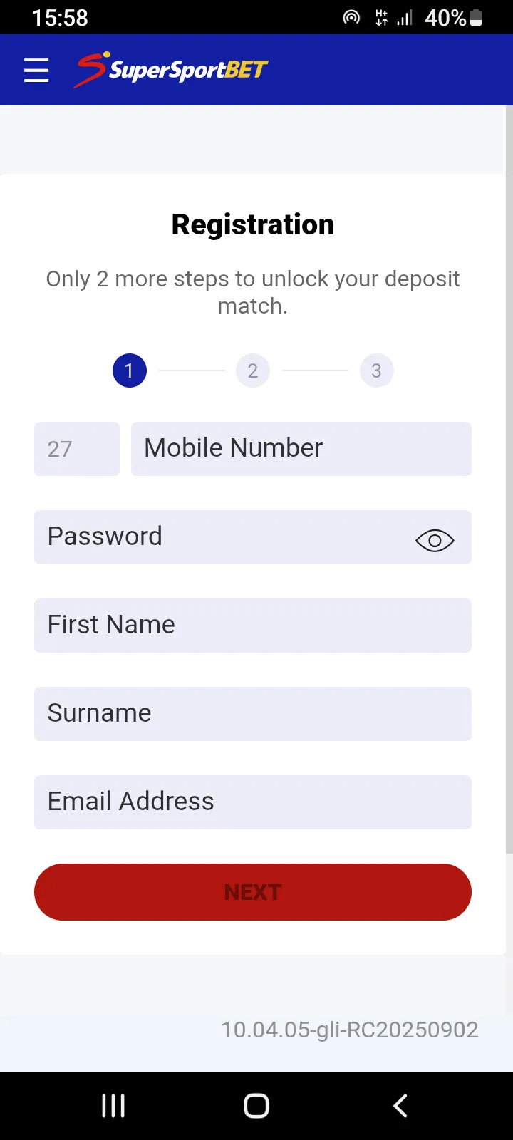 SuperSportBet registration page on the mobile app