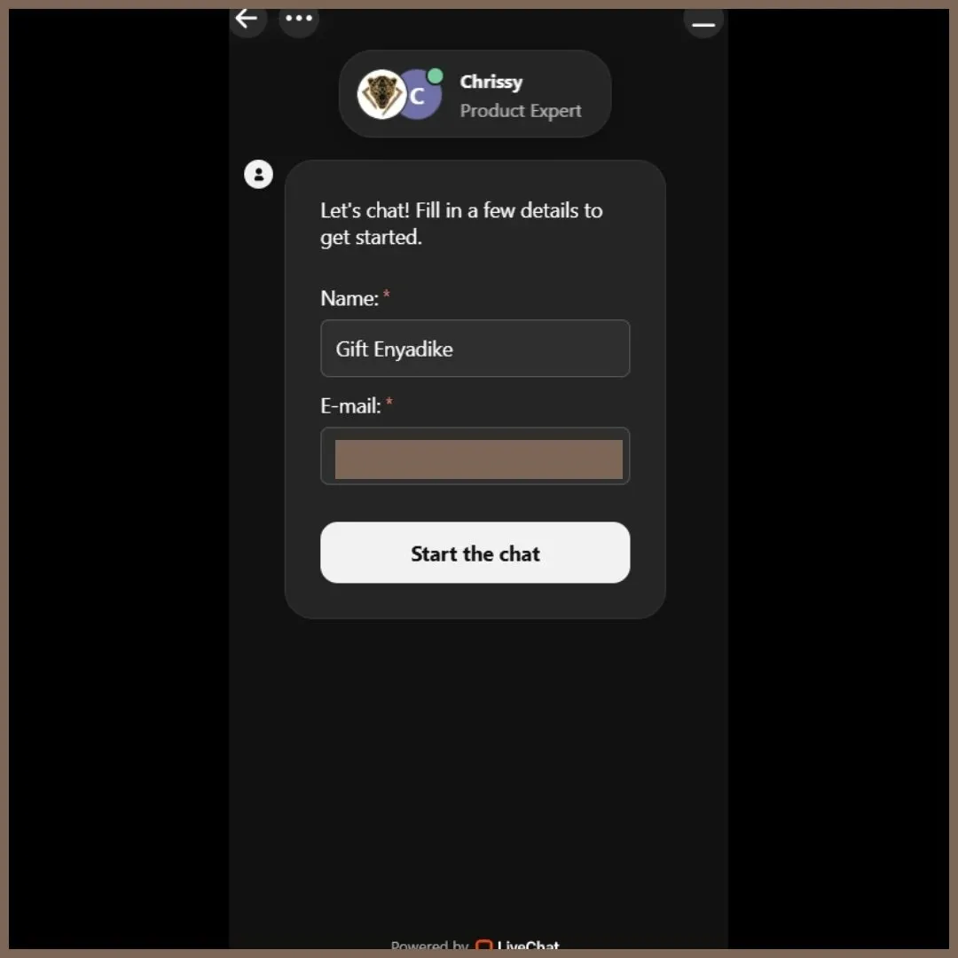 Pantherbet Live Chat 1, showing name and email fields before you can make your query.