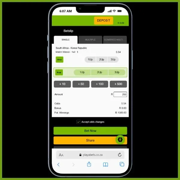 Betslip showing South Africa to WIN at 5.54 odds at a R250 stake with PlayaBets promo code.