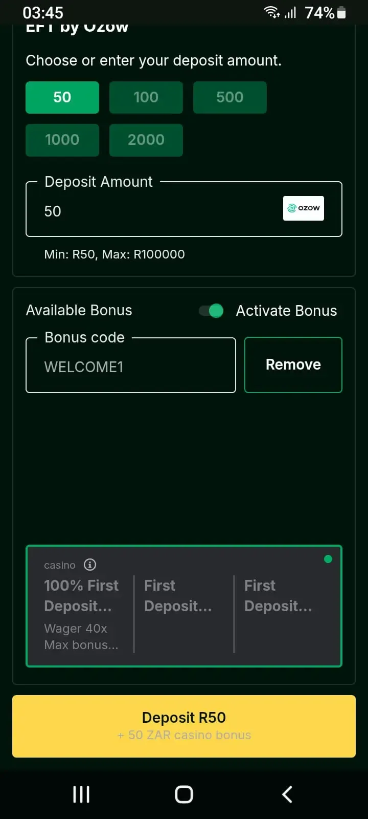 Deposit and bonus activation page with R50 deposit chosen through Ozow and Mzansibet promo code WELCOME1
