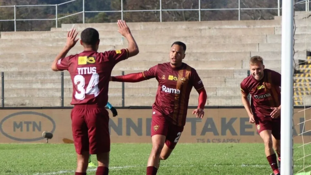 Fawaaz Basadien of Stellenbosch FC celebrates his goal against TS Galaxy in the MTN8 quarter-final on August 4, 2024. Photo: Stellenbosch FC