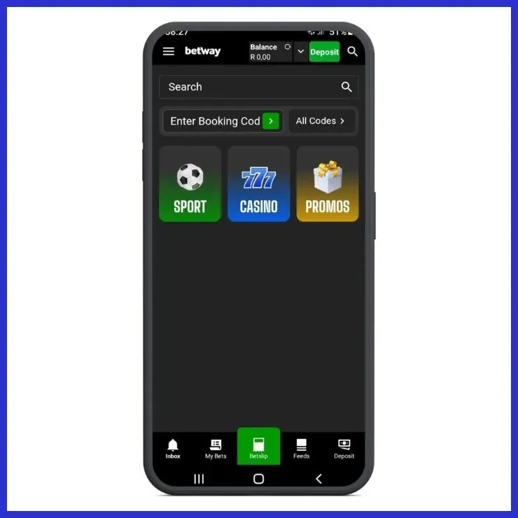 Screenshot of Betway app homescreen.