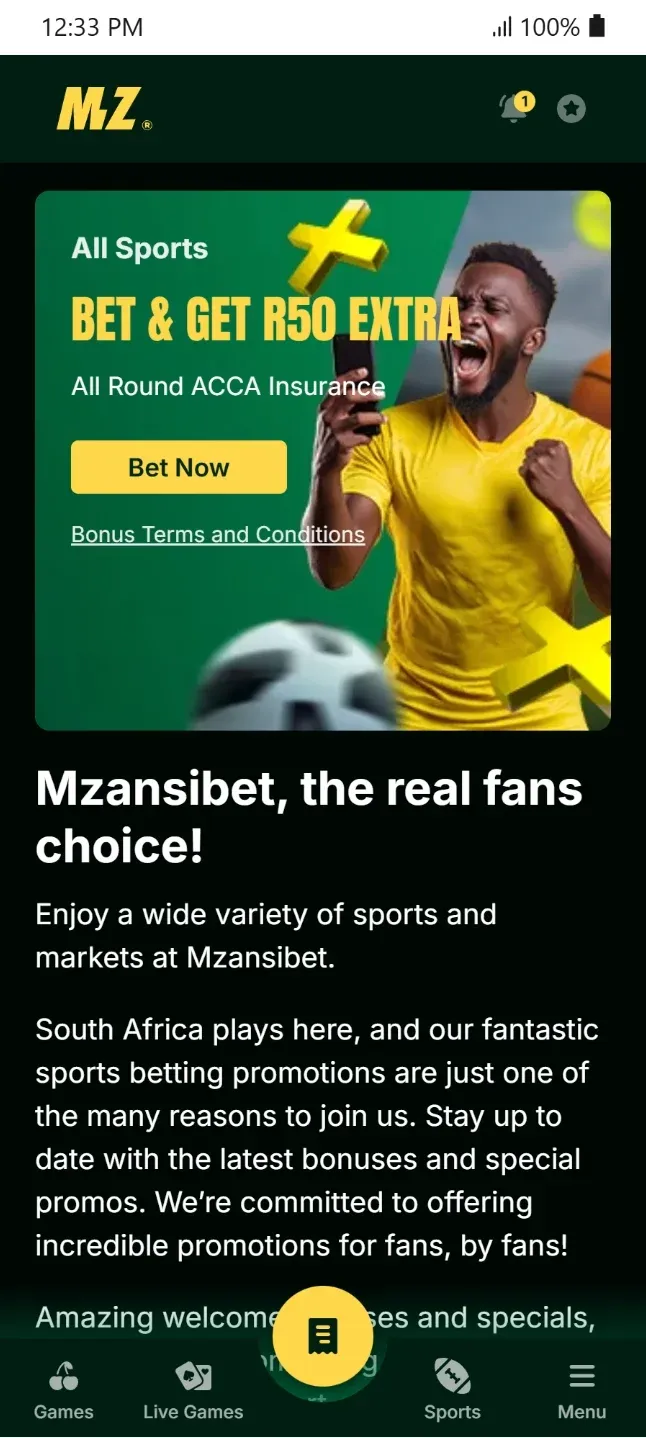 Mzansibet Bet & Get R50 ACCA Insurance banner seen in mobile promotions page