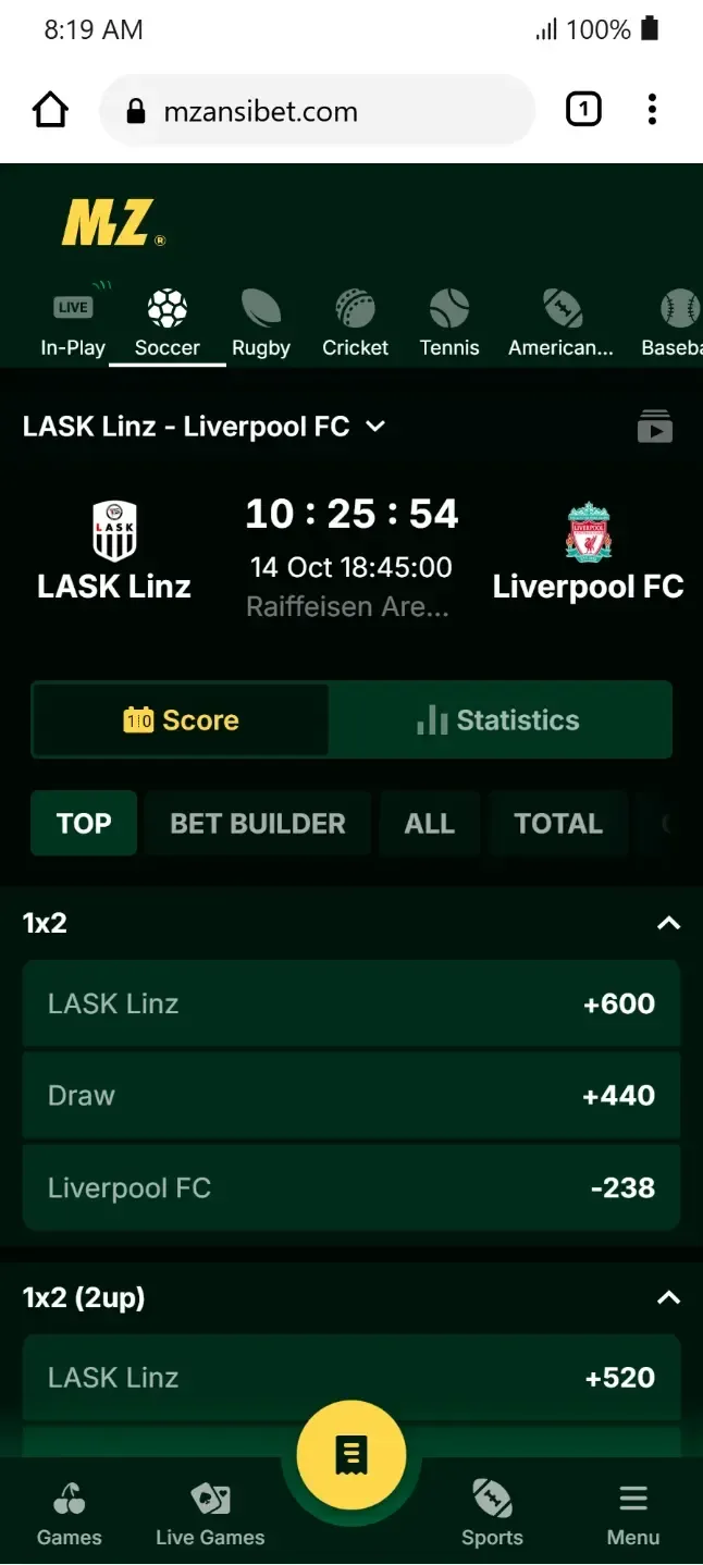 Moneyline betting odds explained by showing Liverpool at -238 and LASK at +600 on Mzansibet.
