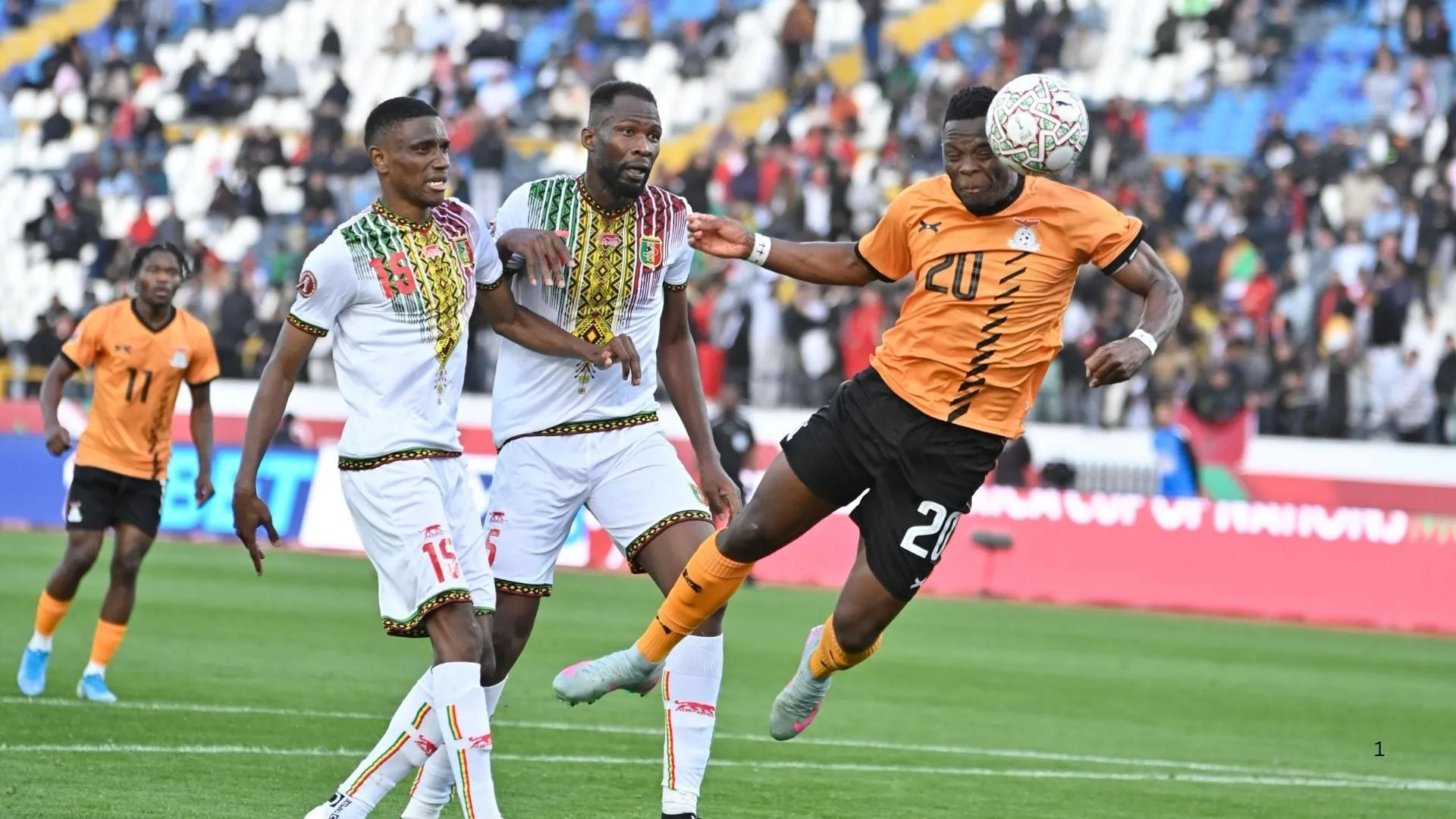 Patson Daka of Zambia heads in the ball against Mali.