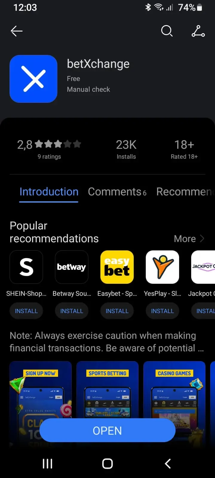 Huawei AppGallery listing page for the BetXchange app showing user ratings, download count, and blue Open button.