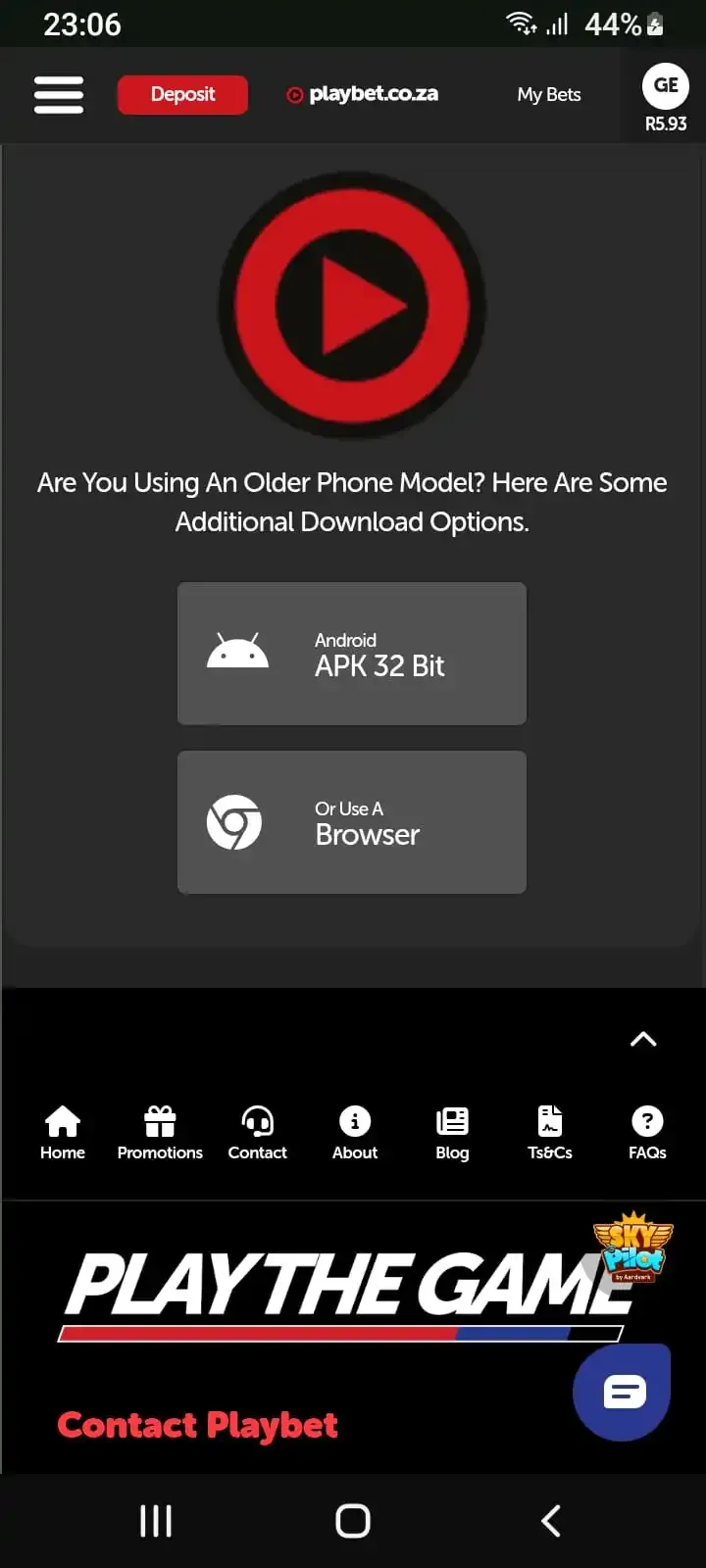  Playbet download page options for older Android phone models.