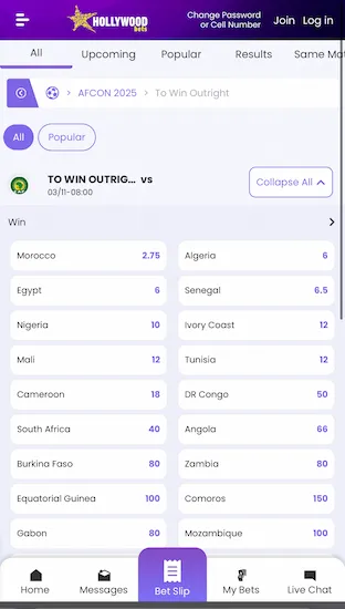 Hollywoodbets South Africa AFCON betting site.