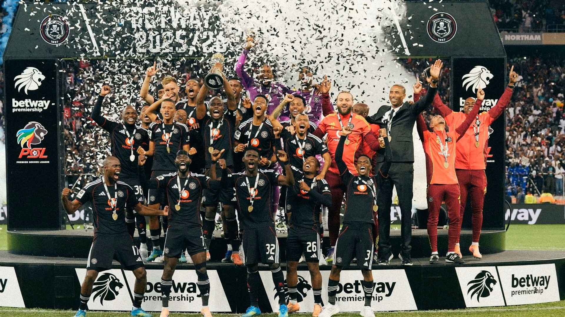 Orlando Pirates celebrate Betway Premiership title triumph.