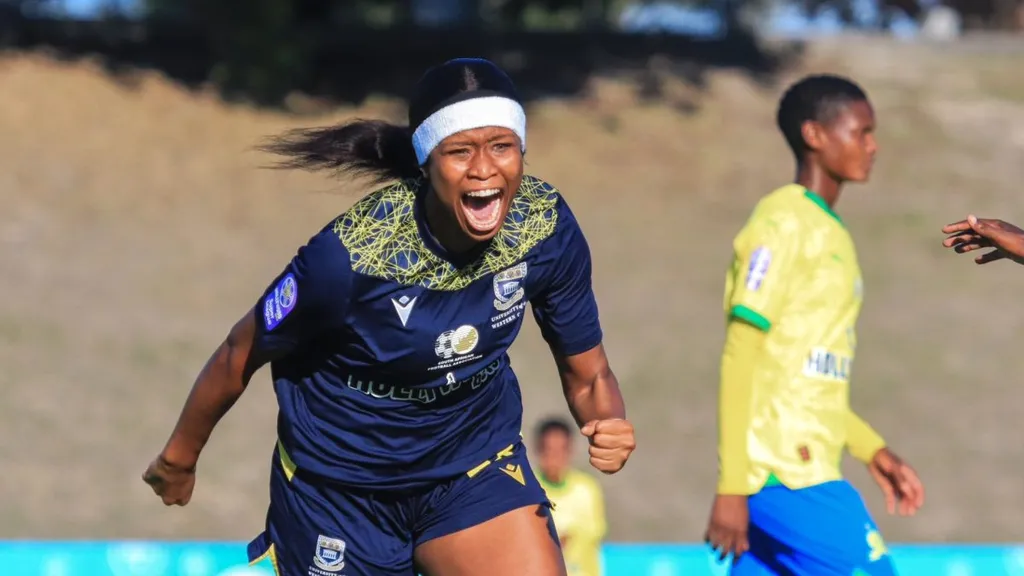 Ronnel Donnelly celebrates scoring for UWC. Photo &ndash; UWC