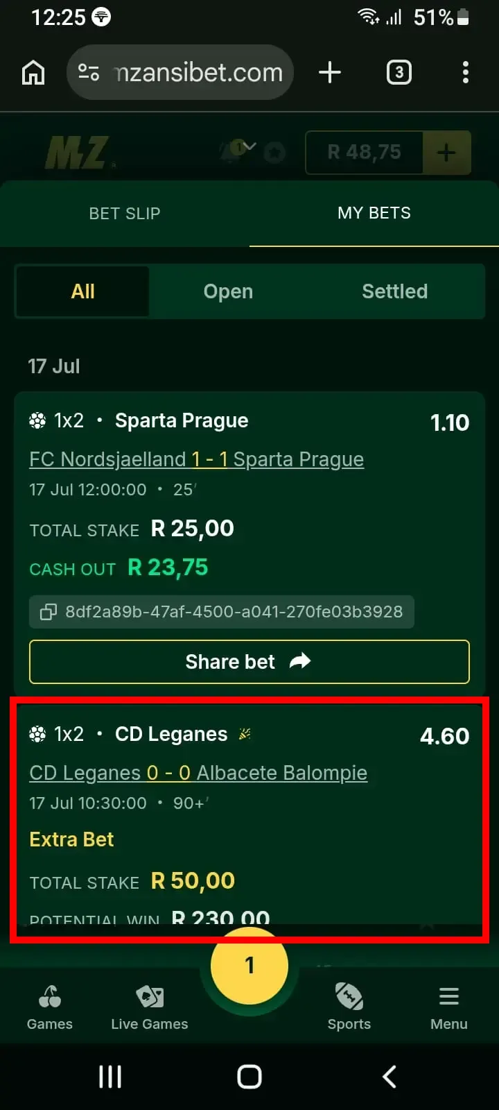 Mzansibet R50 extra bet active fpr CD Leganes to beat Albacete Balompie at odds of 4.60