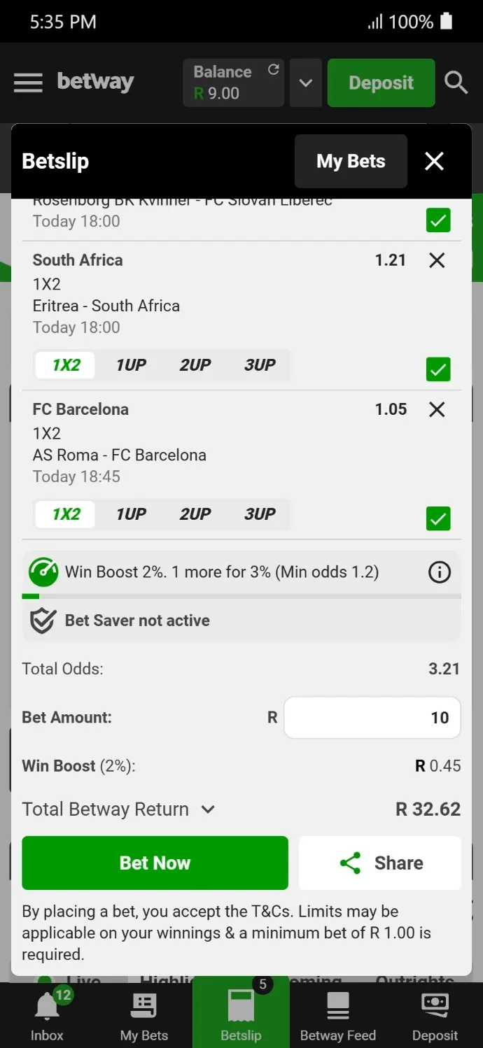 Betway accumulator showing R10 stake and total payout of R32.62