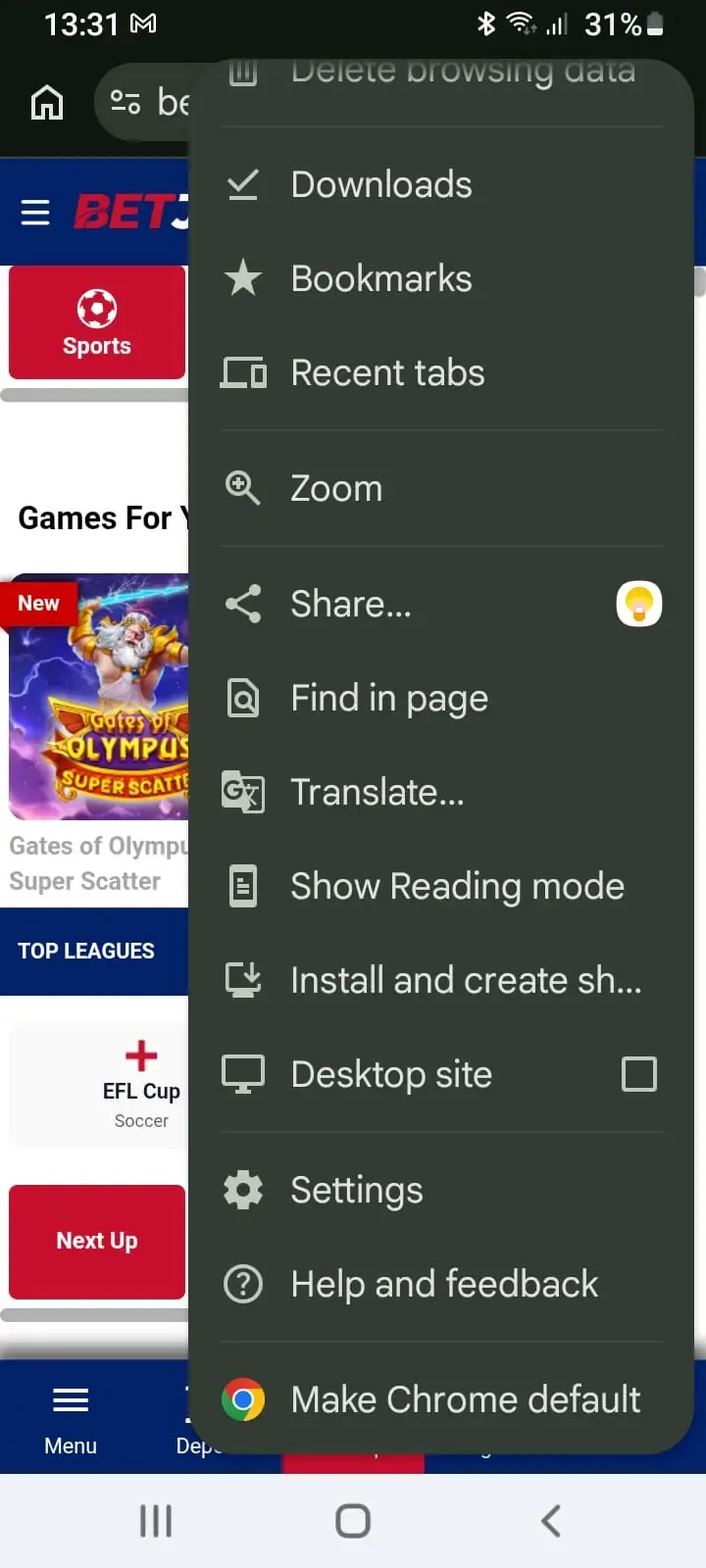 Google chrome browser menu with option to Install and create shortcut from the BetJets site.
