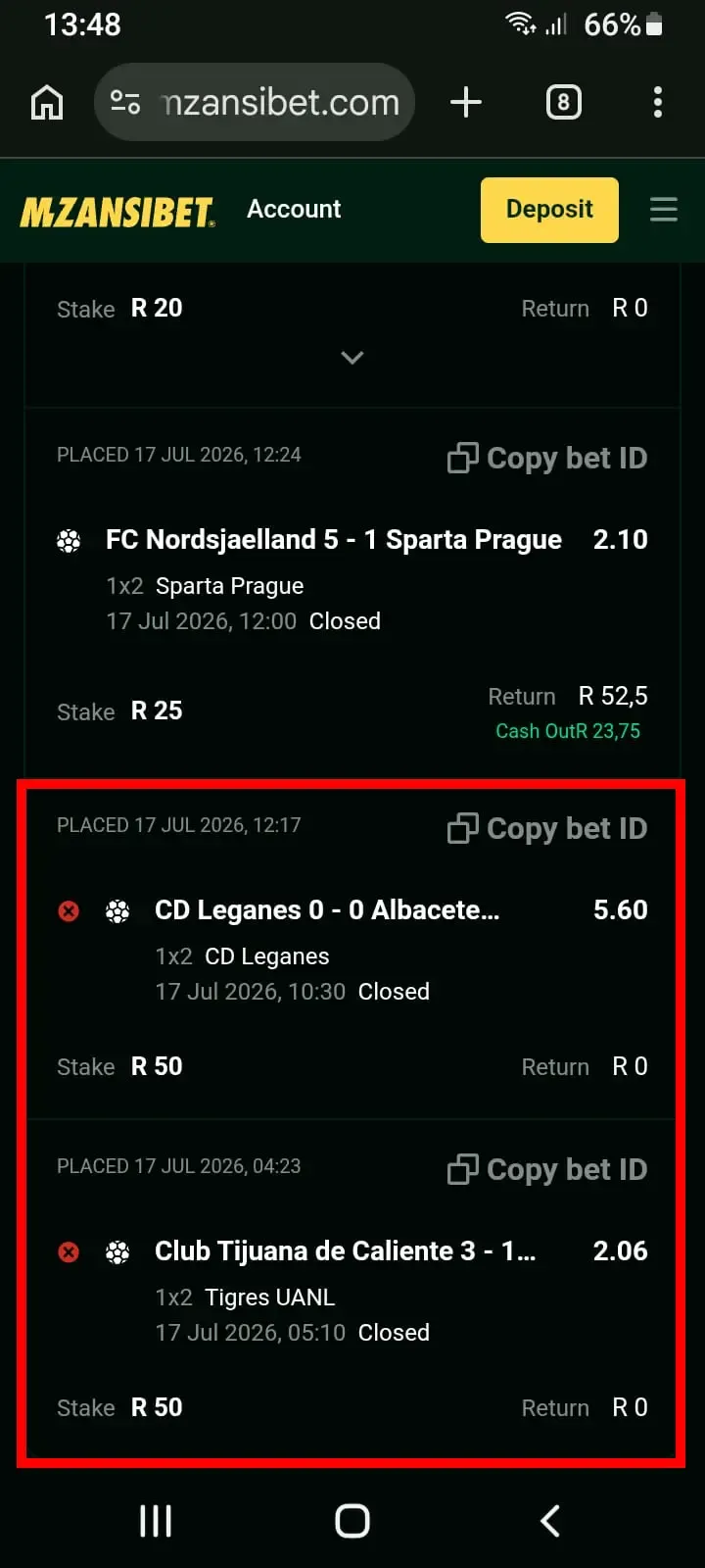 Mzansi bet history showing unsuccessful Qualifying bet and unsuccessful Extra bet wager.
