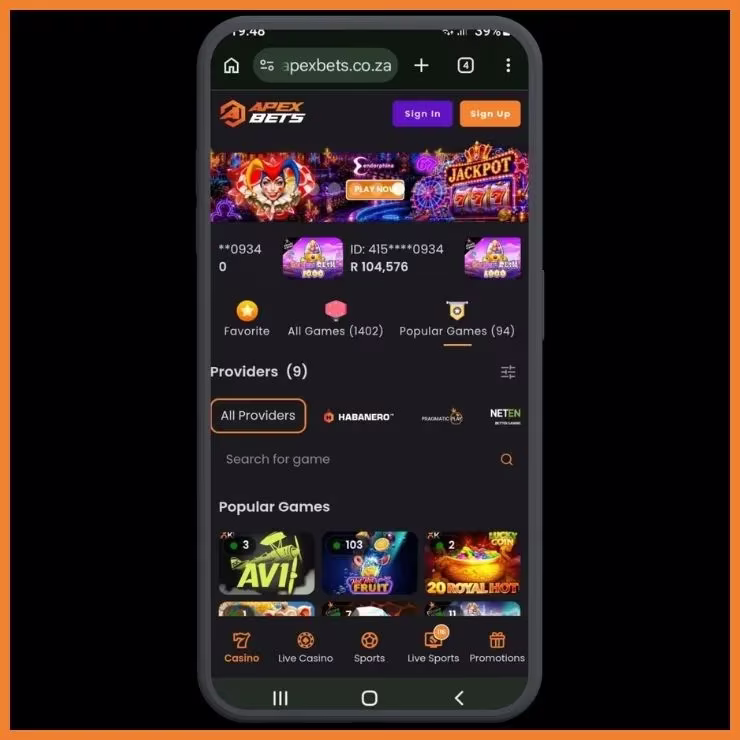 Apexbets Mobile Homescreen with orange sign up and purple sign in buttons on the top right