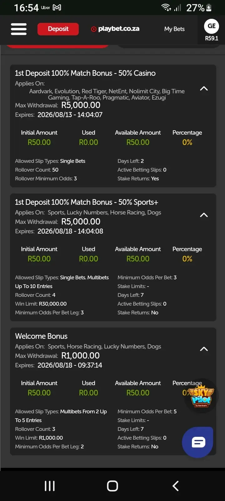 Playbet bonus dashboard showing 4x @ 3.00 odds for sports deposit match and 50x rollover for casino match.