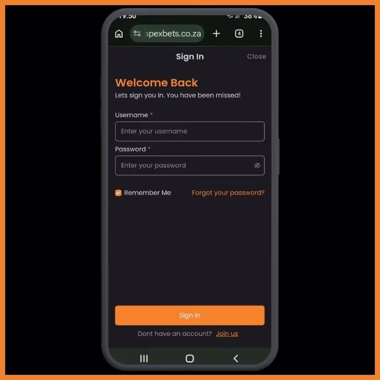 Apexbets Login Page showing field for username and password, with "Remember Me" checkbox.
