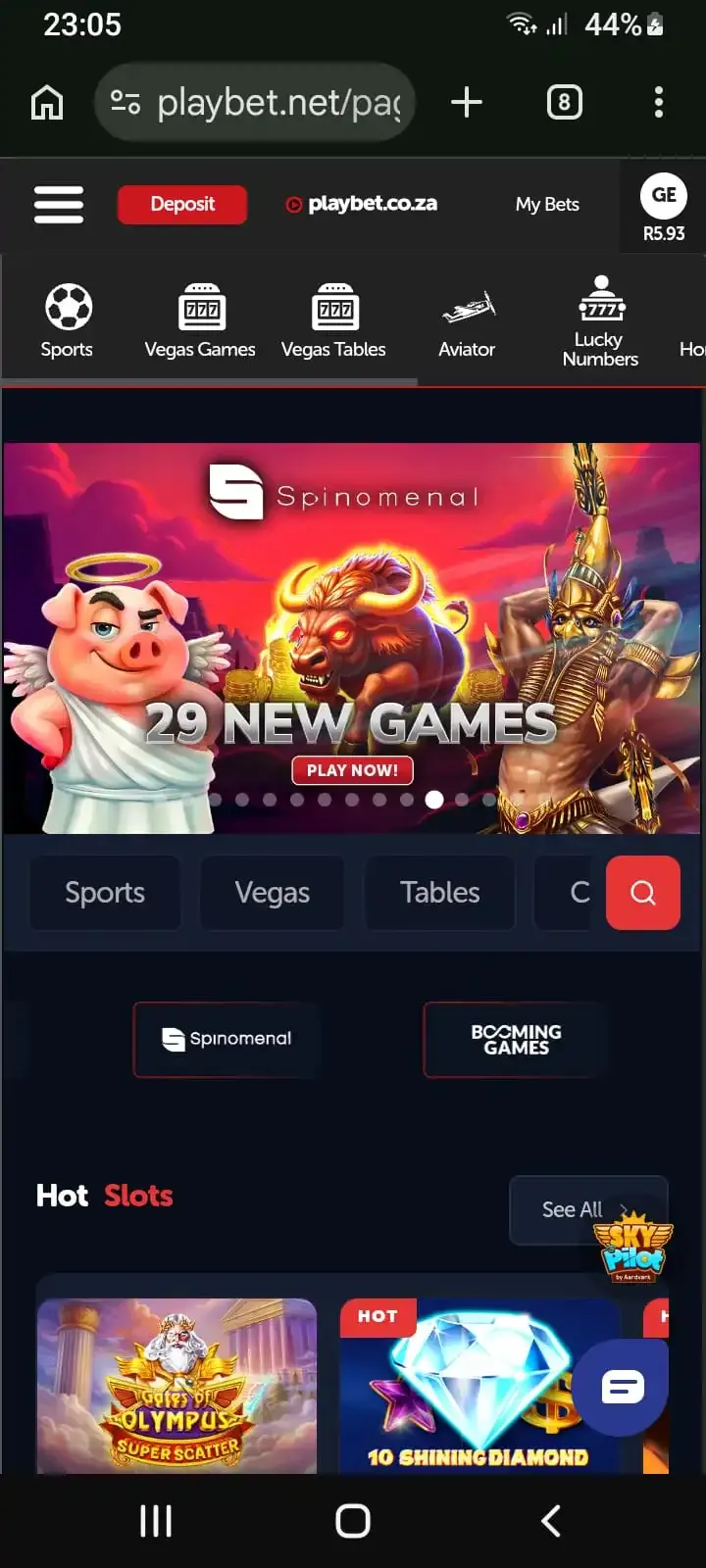 Playbet mobile home page showing main menu icon.

