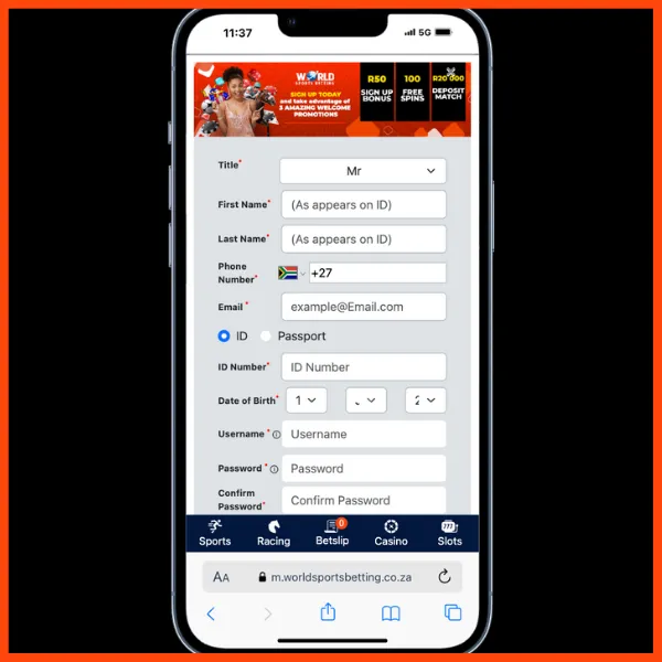 WSB registration process. Includes the fields for name, surname, mobile number, ID number, DOB, username, and password