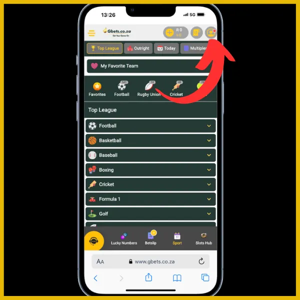Red arrow pointing to personal notifications icon on the Gbets site.