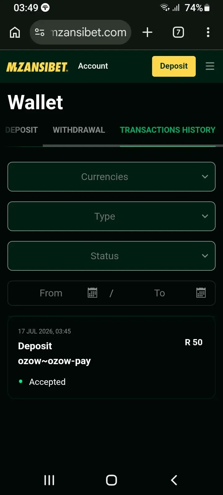Screenshot Mzanisbet transcation histor showing R50 Ozow deposit
