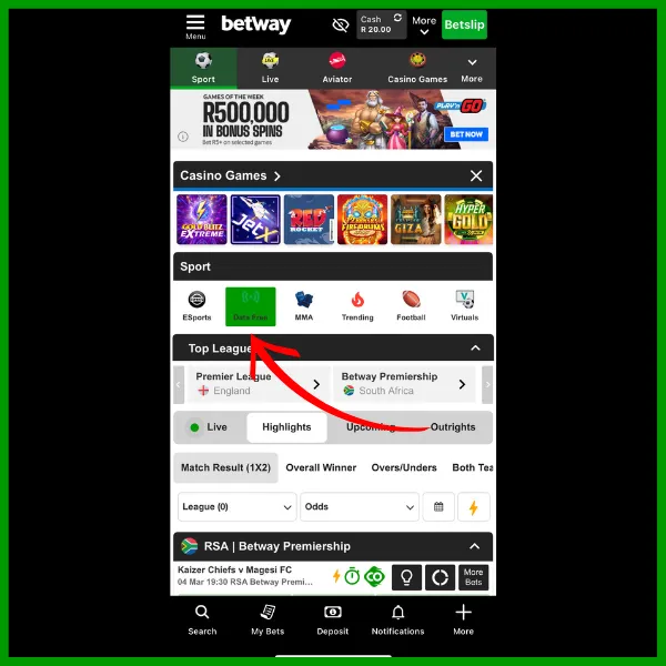 data free icon on betway app