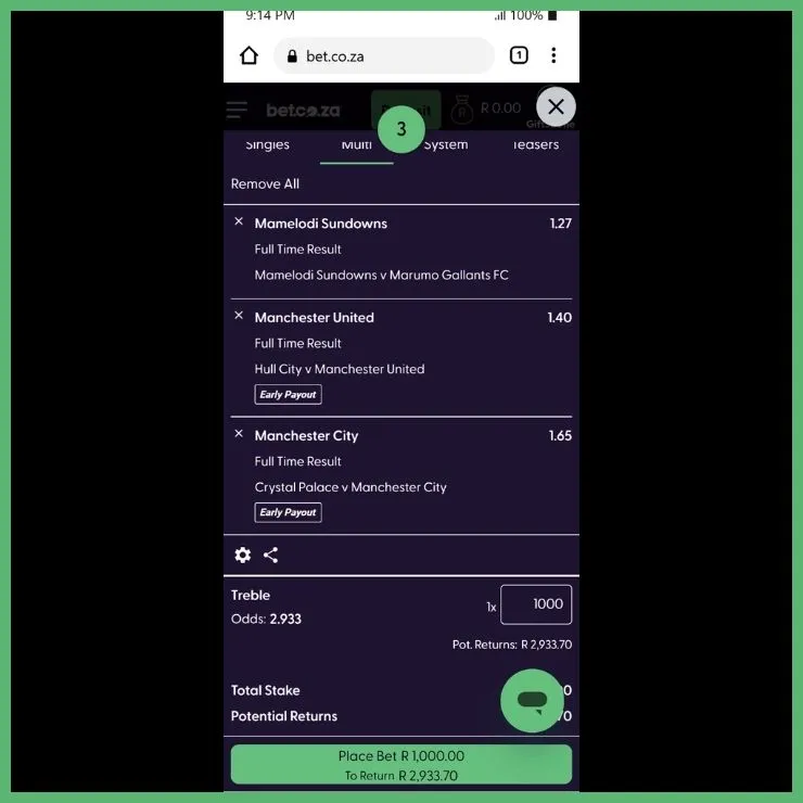Bet.co.za multi bet example with Mamelodi Sundowns to win at 1.27 odds, Manchester United to win at 1.40 odds and Manchester City to win at 1.65 odds. Total odds of 2.933.