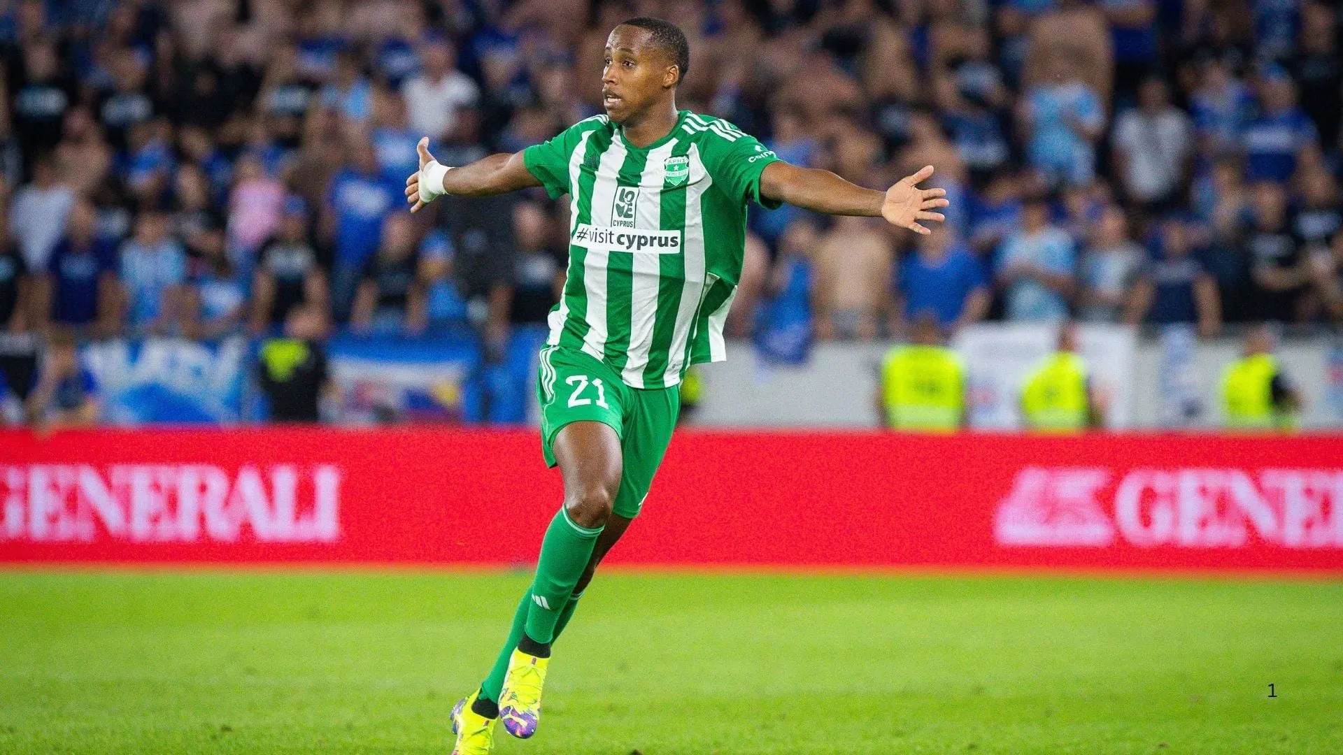 Mihlali Mayambela celebrating a goal for Aris Limassol. Image &ndash; Imago