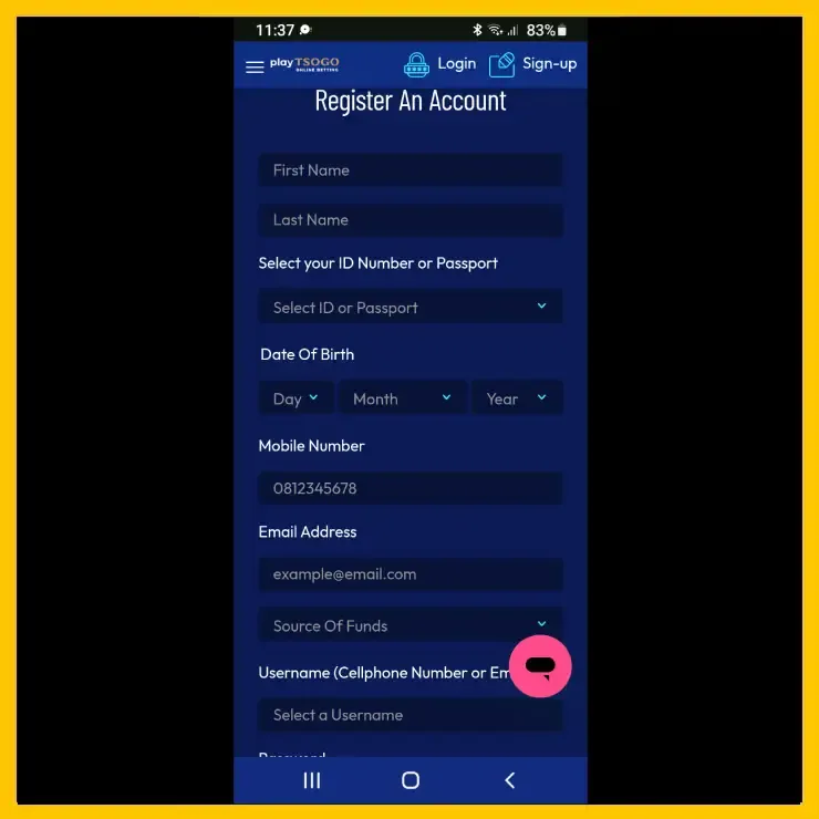 PlayTSOGO welcome bonus sign up form with field for first & last name, ID or Passport, mobile number, email, source of funds, username and password.