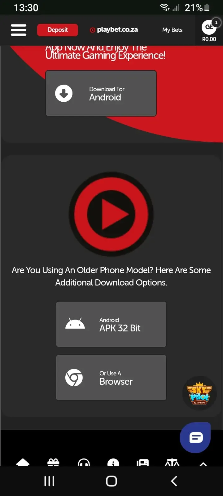 Playbet app download page with buttons for 32-bit APK and progressive web app (PWA)