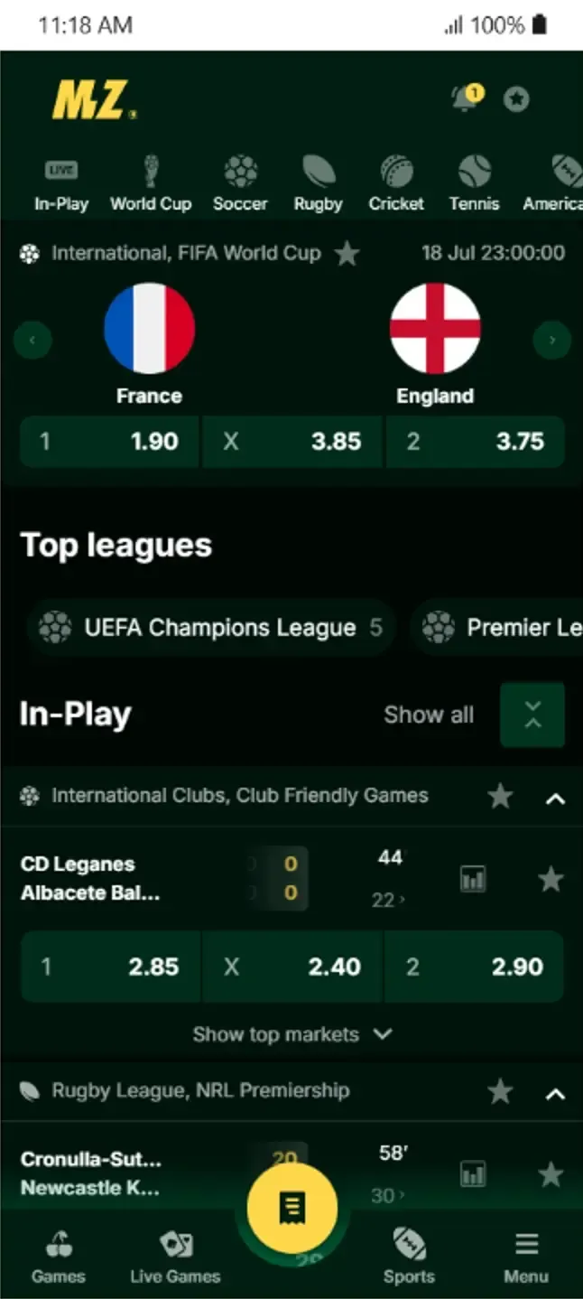 Screenshot of mobile sportsbook for Mzansibet review South Africa