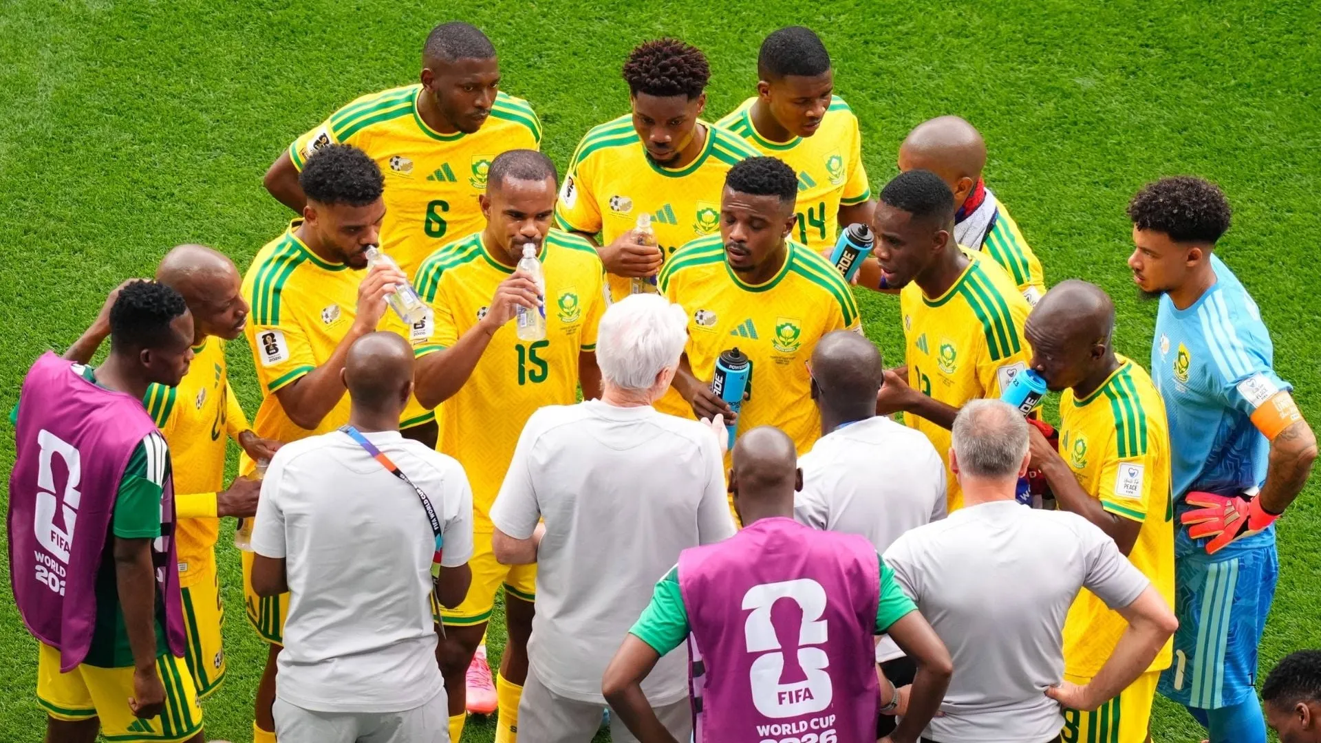 Bafana Bafana coach Hugo Broos instructs his players during their match against Mexico.