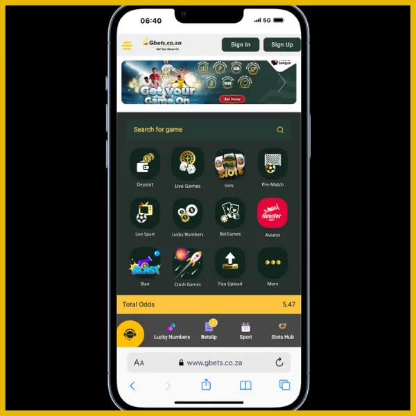 The Gbets home page from an Android device