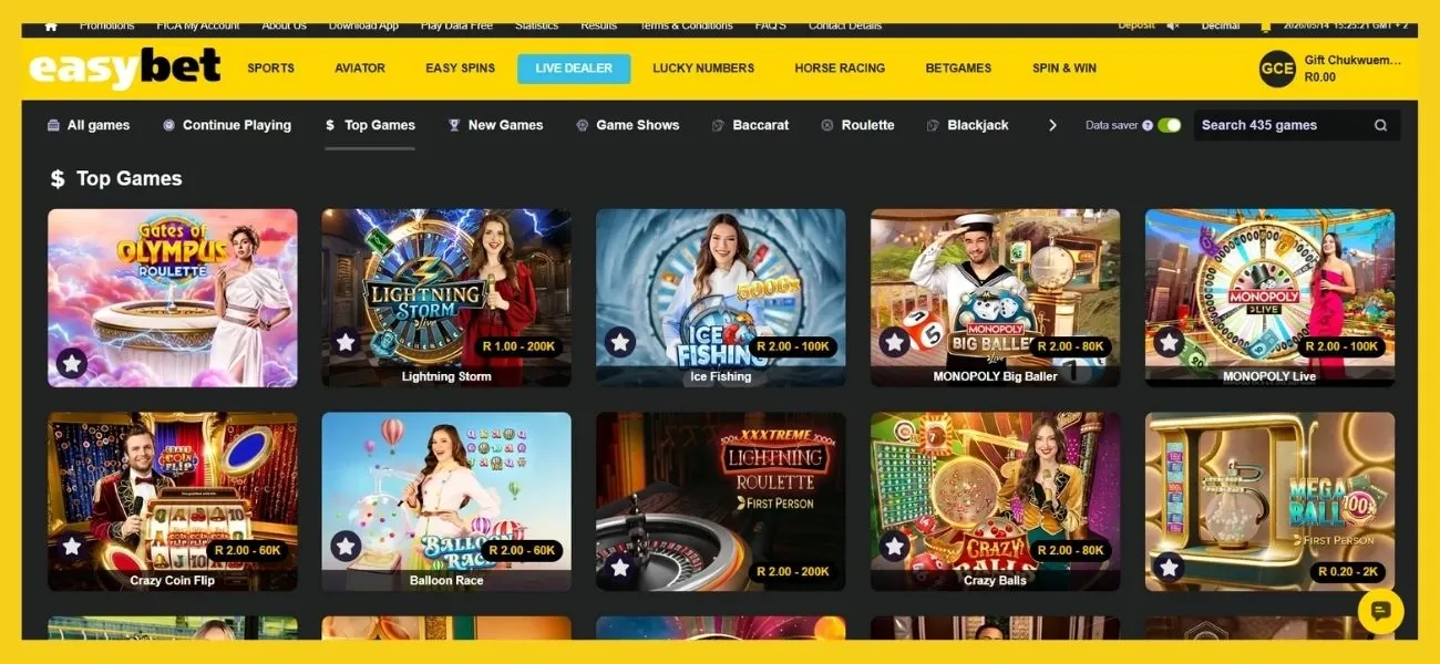 Easybet casino Live Dealer section on the desktop site.