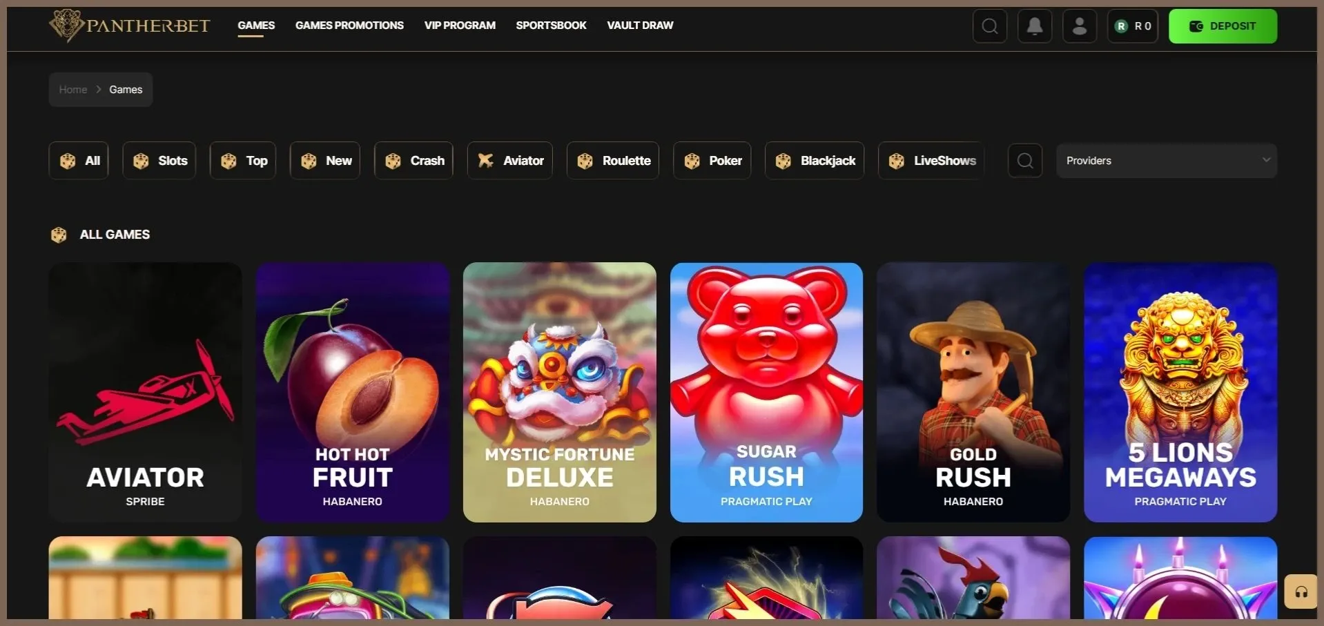 Pantherbet Games page showing category buttons like ALL, Slots, Top, New, Crash, as well as titles like Aviator, Hot Hot Fruti and Mystic Fortune Deluxe