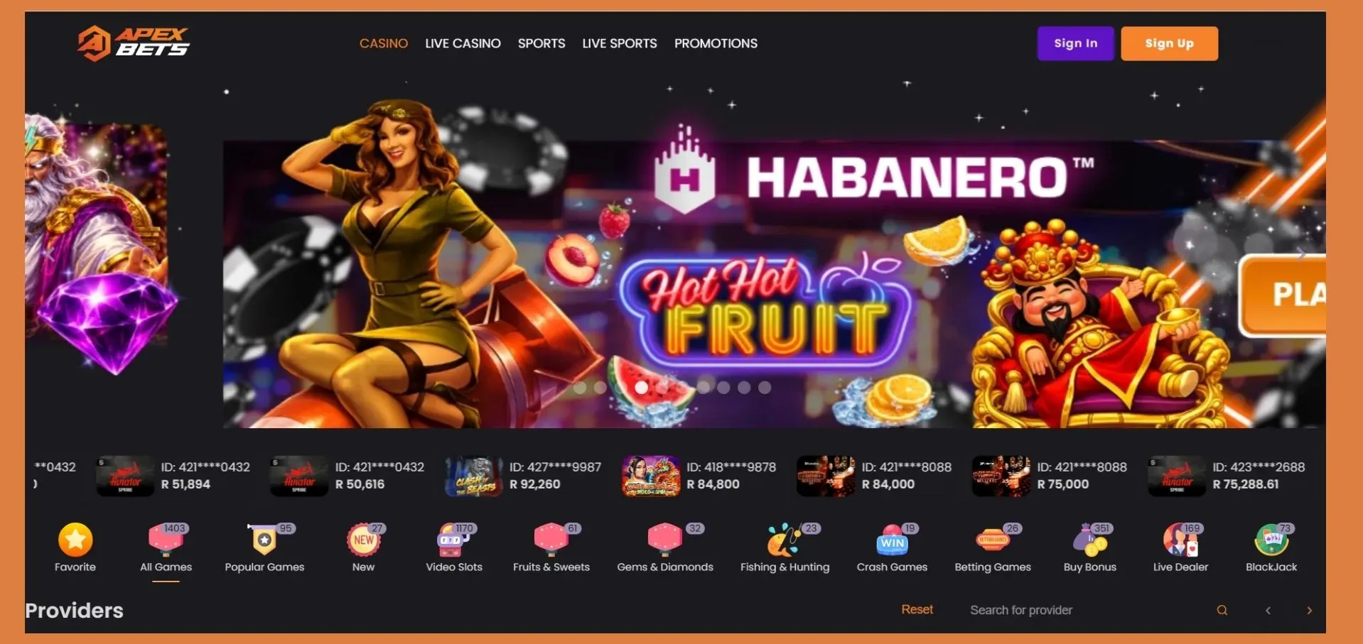 Apexbets Casino page showing big Habanero promo banner and categroy buttons for each genre or type of game.