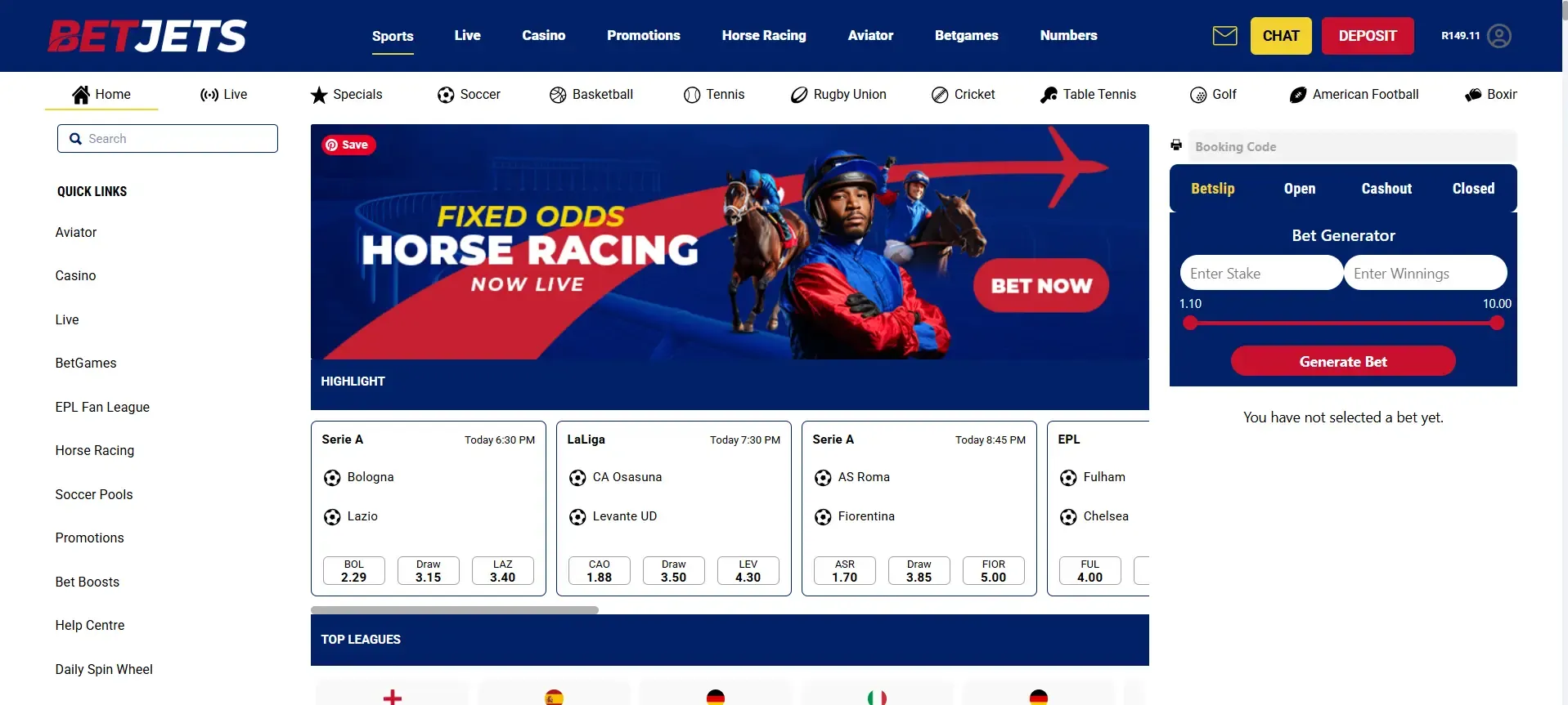 Screenshot of BetJets desktop homepage