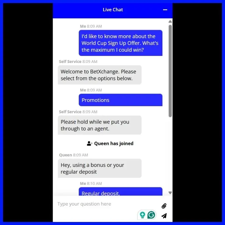 BetXchange Live Chat Test asking about What are the odds.