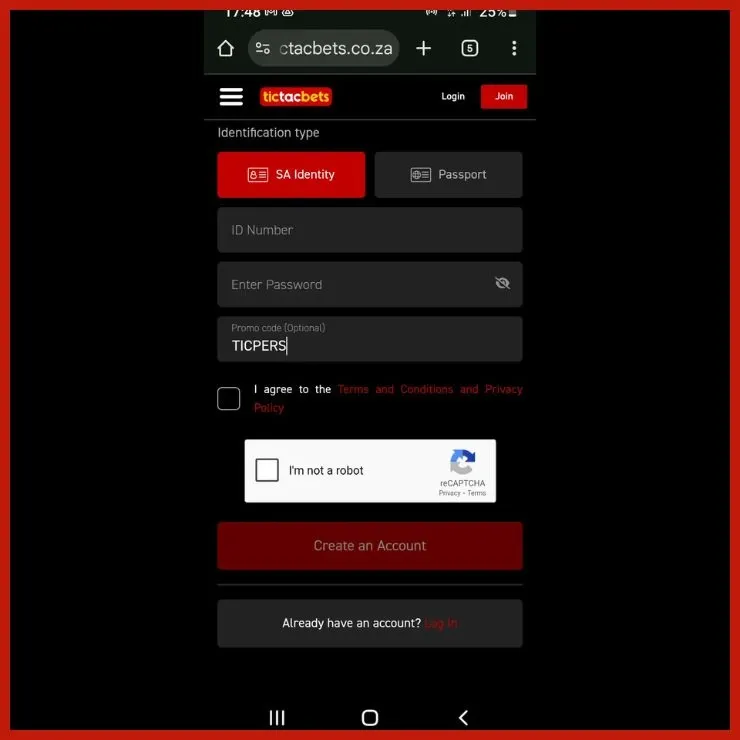 Tictacbets sign up form with promo code field for TICPERS/