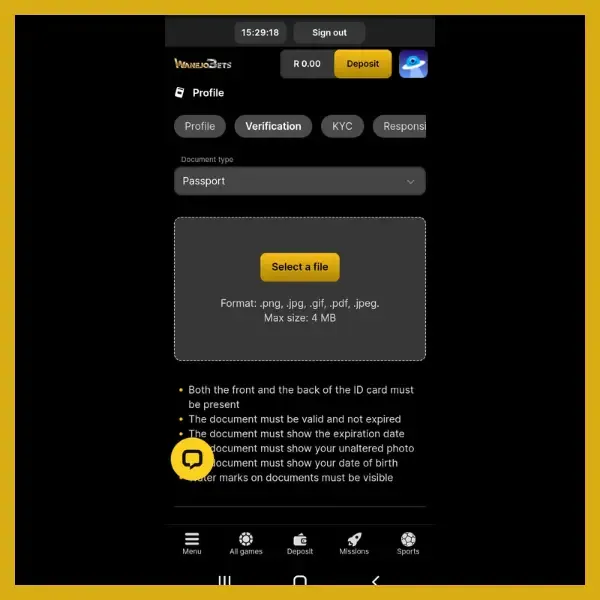 Wanejobets FICA verificaton screen on mobile