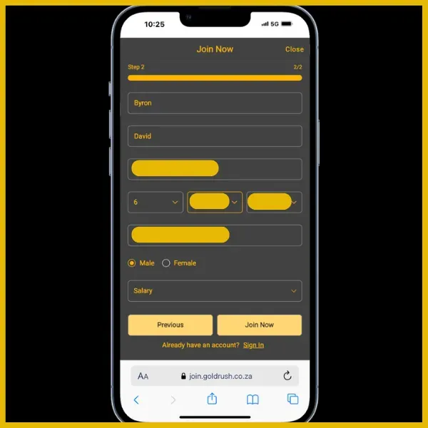 Goldrush sign up form showing fields to enter Personal details.