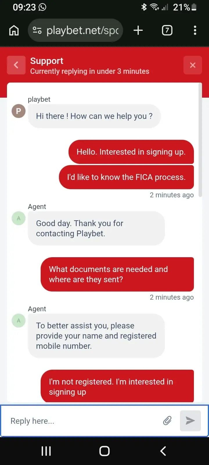 Playbets live chat query asking about FICA documents.