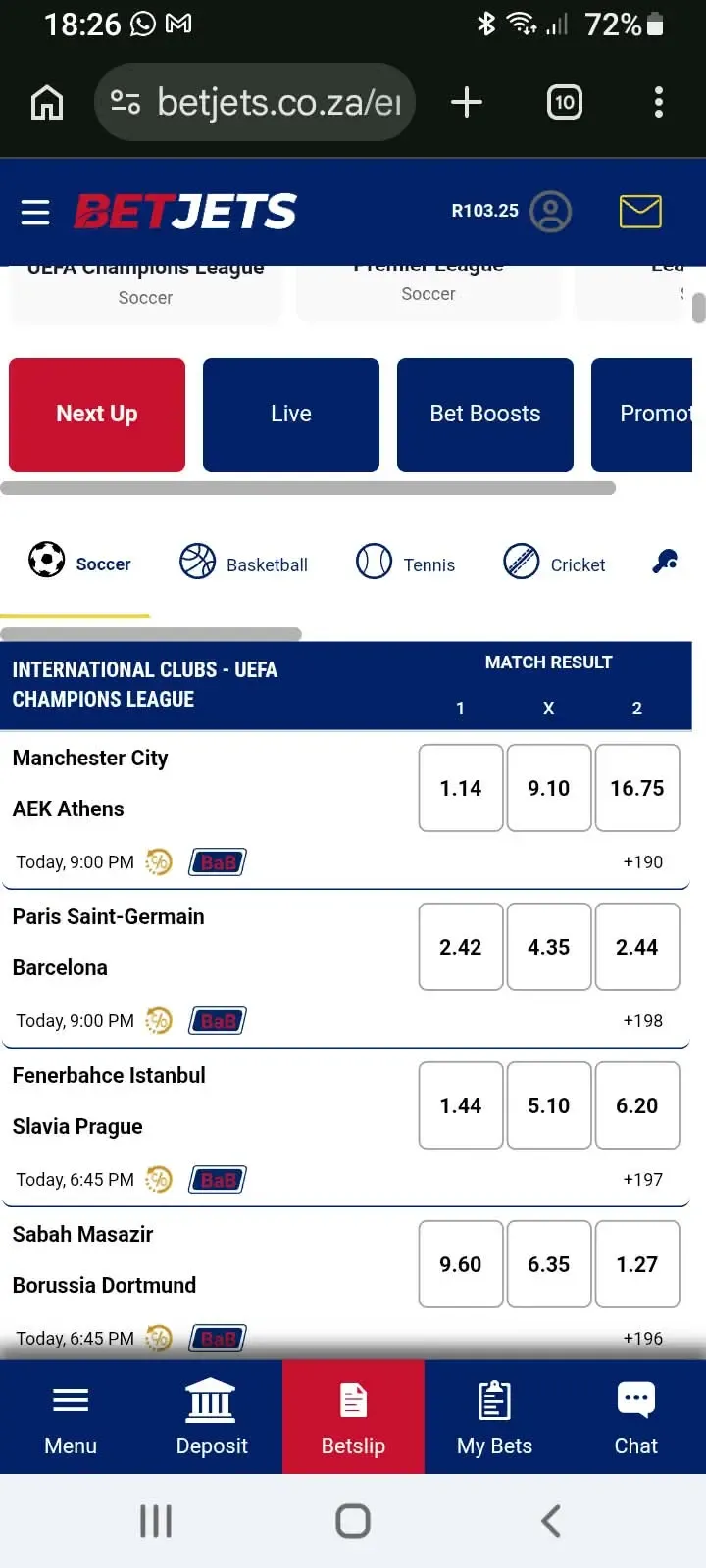 BetJets mobile betting platform displaying match result markets for European soccer fixtures on new SA betting sites 2026