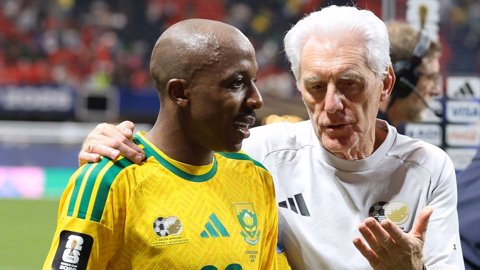 Bafana coach Hugo Broos and defender Khuliso Mudau.